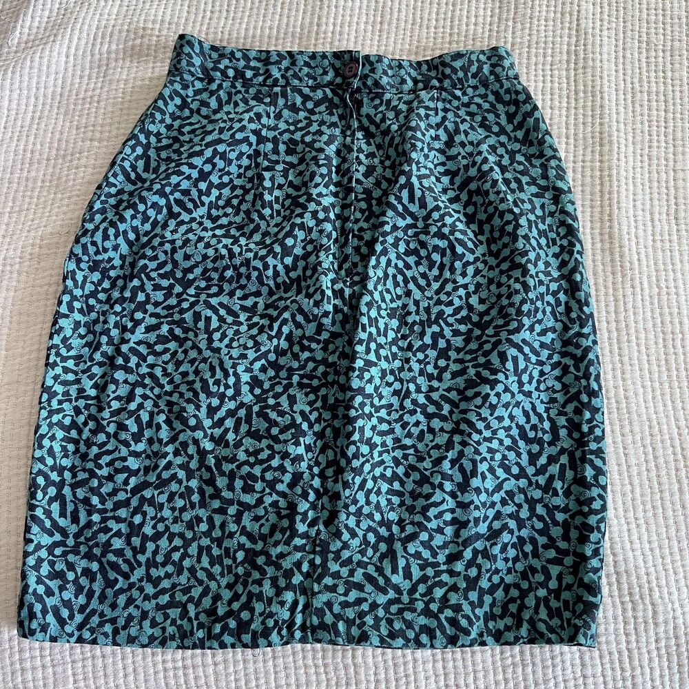 Vintage Kenar Linen Skirt Womens Small Teal Black Abstract Pencil High Waist 90s - Picture 2 of 10